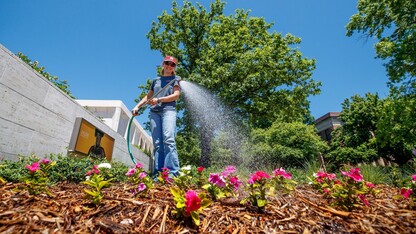 Student employee watering plants on campus