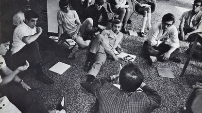 "An Economist Holds Court," a photo from the University Archives' Centennial College collection.