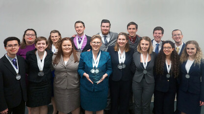 The Husker speech and debate team earned its seventh-straight Big Ten title Jan. 21. Team members participating in the tournament are (front row, from left) Jordan Duffin Wong, Becca Human, Kylie Turner, Chloe Meier, Mattison Merritt, Tia Rasmussen, Guadalupe Esquivel, Maim Virgillito, (back row) Jennica Boardman, Madison Morrissette, Sam Baue, Jack Militi, Andrew Phares, Cole Shardelow and Wesley Deuel.