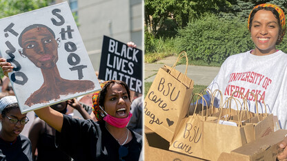 In the days after the death of George Floyd in Minneapolis, Nebraska student Batool Ibrahim participated in protest marches in Lincoln (left) and helped organize an outreach project that is providing wellness items to community members in need. The Black Student Union Care Bags initiative launched with initial donations of $14,000.