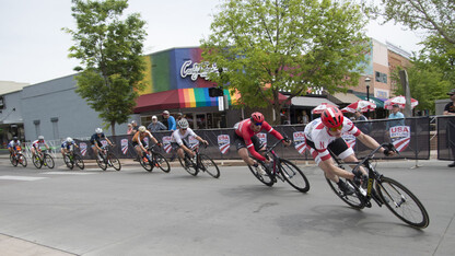 John Borstelmann, a junior chemistry major from Lincoln, leads the pack during a race at the USA Cycling Collegiate Road National Championships, May 4-6 in Grand Junction, Colorado. Borstelmann won the men's Club Division national championship.