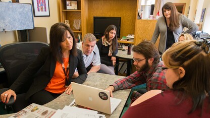 Students from the Digital Humanities Practicum class meet with their clients, representatives of the Nebraska Commission on Indian Affairs to go over changes and additions to the interactive map and website the students are developing for the Commission.