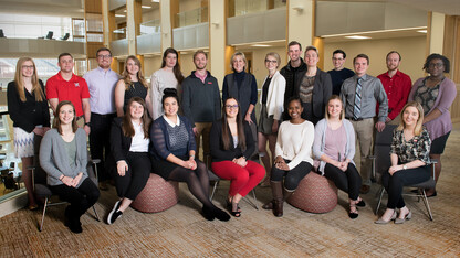 Members of the Executive Vice Chancellor’s Student Advisory Board include (seated, from left) Kylie Miller, Alexis Grossnicklaus, Nicole Iraola, Brook McCluskey, Yakira McKay, Alison Manske, Sklyer Dykes, (standing) Carissa Soukup, Seth Carithers, Joe Zach, Ellie Blusys, Julia Reilly, Trevor Spath, Donde Plowman, Olivia Beier, Hunter Traynor, Claire Adams, Cooper Creale, Grant Uehling, Luke Schnacker and Joy Kathurima. Not pictured are Alan Davis, Calen Griffin, Nadir Al Kharusi, Ashley Kocina