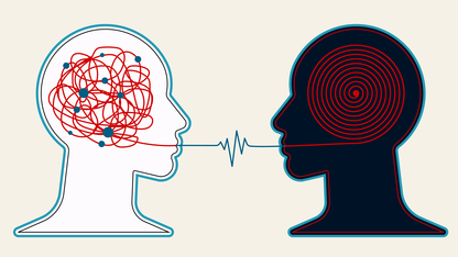 A graphic illustration depicts a dialogue between two people in which one person is learning from the other person.