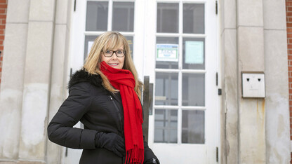 Gail Shaffer Blankenau stands outside the Otoe County Courthouse.