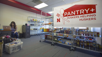 Jessica Lanctot, a graduate assistant, prepares items in the Huskers Helping Huskers Pantry+ on Jan. 6. The pantry, which will offer food, other necessities, housing assistance and financial counseling to students, opens Jan. 9 in the Nebraska Union.
