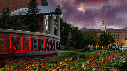 A purple and red sky over Love Library and the Van Brunt Visitors Center