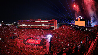 Fireworks sail into a night sky above Memorial Stadium during Volleyball Day in Nebraska