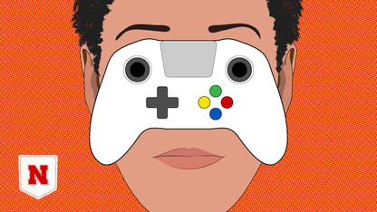 Illustration of gamer's face with eyes obscured by controller