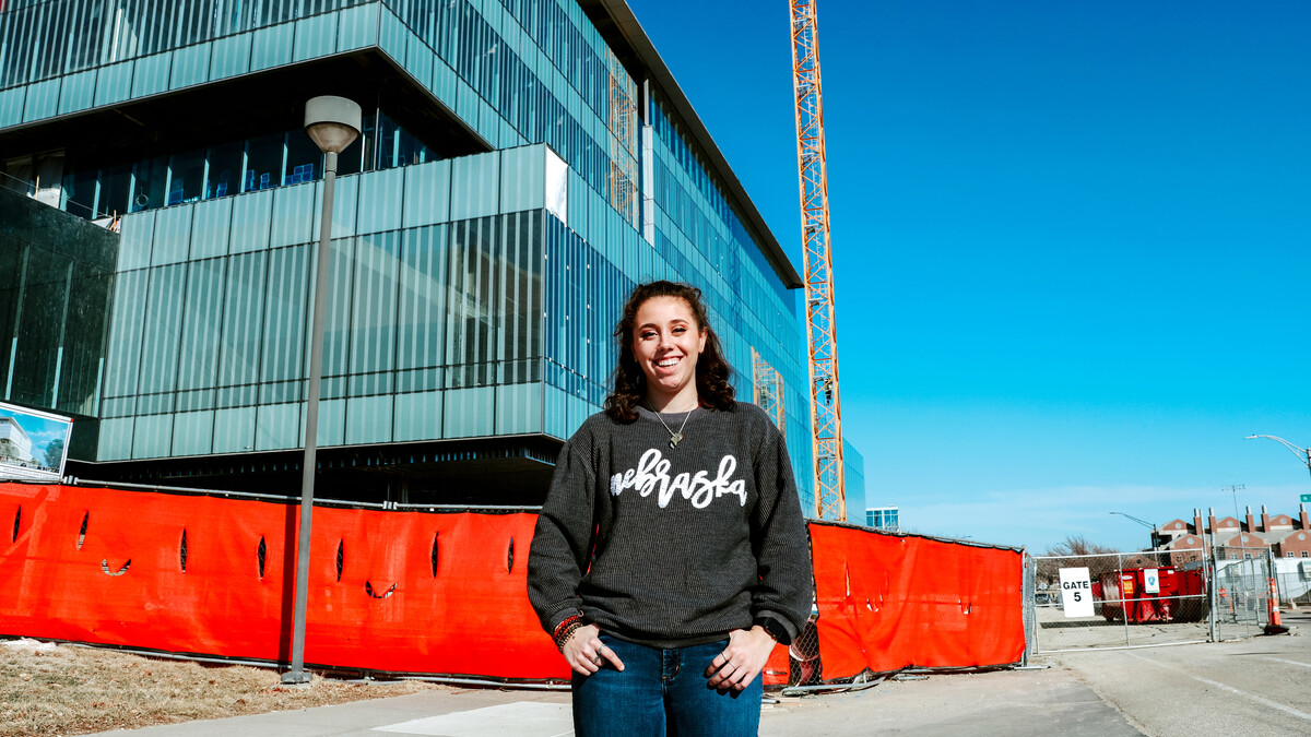 Hosick stands in front of the site for the new $115 million Kiewit Hall, a new engineering hub for UNL in partnership with Kiewit Corporation.  