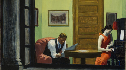 Edward Hopper, “Room in New York,” 1932. From the collection of Sheldon Museum of Art. David Lubin’s lecture on April 13 is titled “Edward Hopper and Classic American Cinema.” He will consider the cinematic qualities and themes of Hopper’s art.