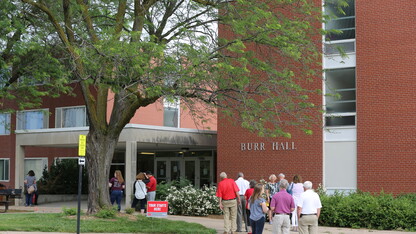 Huskers gather outside Burr Hall during the Burr-Fedde Hall celebration during the weekend of June 9.