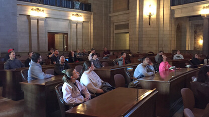 Students in a "History of Nebraska and the Great Plains" (HIST 360) class led by Ann Tschetter toured the Nebraska State Capitol on Feb. 13. Tschetter created a new course curriculum designed to get students thinking critically about state history.