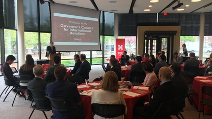 Chancellor Ronnie Green delivers opening remarks at the Governor’s Council for International Relations meeting hosted at the University of Nebraska-Lincoln.