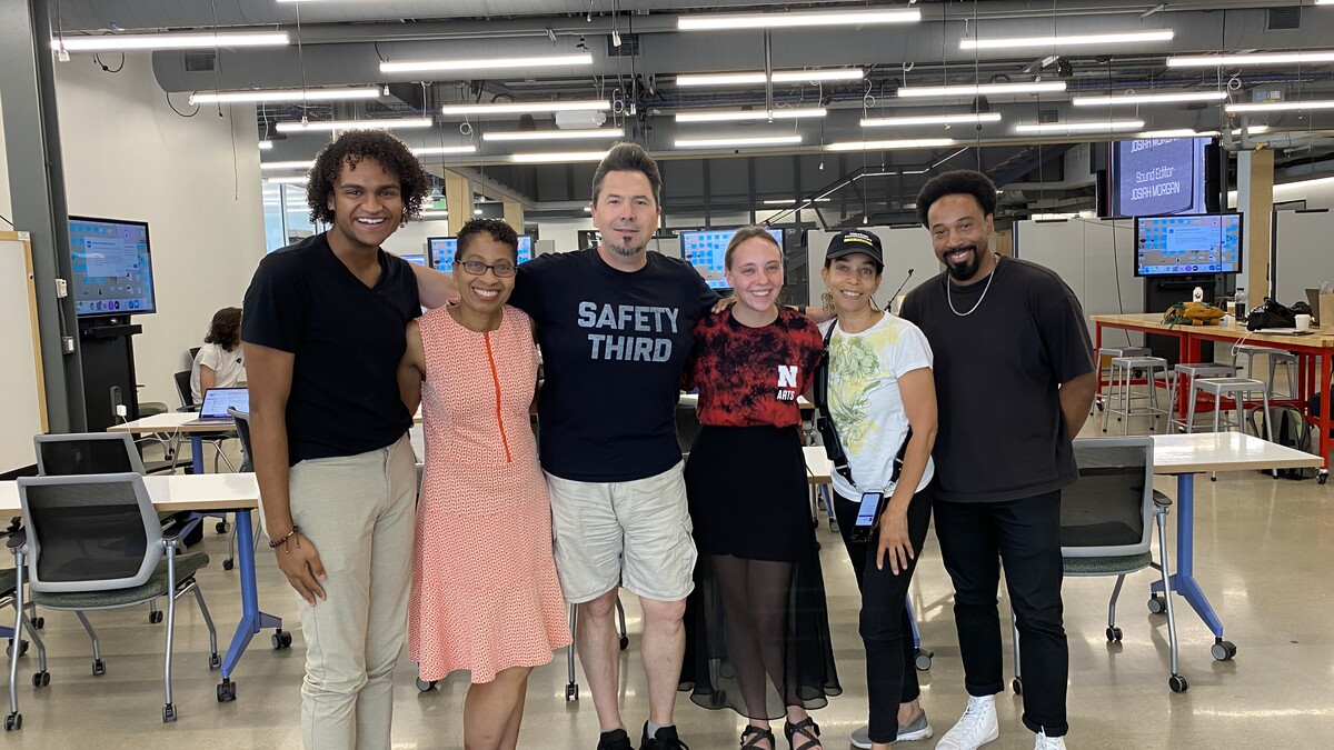 Last year’s first cohort of the Black Public Media Residency at the Carson Center included Rae Phillips (second from left), Andrea Walls (second from right) and Johannes Barfield (right), shown with emerging media arts students and faculty Ebben Blake, Da