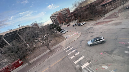 Aerial photo of the Stadium Drive and T Street intersection showing Richards Hall.