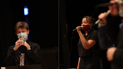 Jazz Orchestra trumpet player Ben Waxberg (left) and Jazz Singer Brannon Evans perform as part of the Fall 2020 concert.