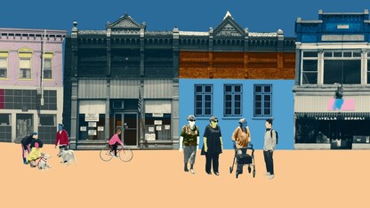 A film still from "Join or Die" depicts a group of four older women enjoying a walk together.