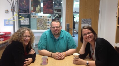 (From left) Carole Levin, chair of the medieval and Renaissance studies program, meets with University of York graduate student Dustin Neighbors and UNL graduate student Andrea Nichols at the University of York. While completing research under a Fulbright award last year, Levin forged an academic partnership between UNL and York’s respective medieval and Renaissance studies programs.