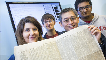 In the upper left corner of a 19th century newspaper is an example of poetry UNL's Elizabeth Lorang is researching.  She is collaborating with Leen-Kiat Soh, Associate Professor at the Computer Science and Engineering Department, and undergraduate students Spencer Kulwicki and Maanas Varma Datla who have developed software to search out and recognize the poetry from digitized newspapers.