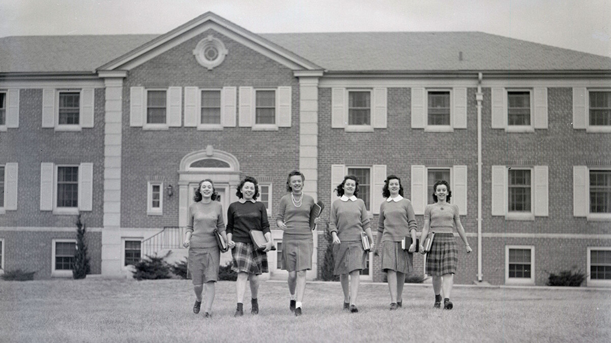 Girls coming out of Love Memorial Hall Feb. 8, 1944.