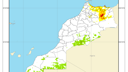 The Morocco Composite Drought Index for January 2015 shows drought in the country’s northern edge, along the coast of the Mediterranean Sea.