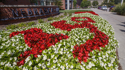 A flowerbed in front of Nebraska's Van Brunt Visitors Center celebrates the university's 150-year anniversary.