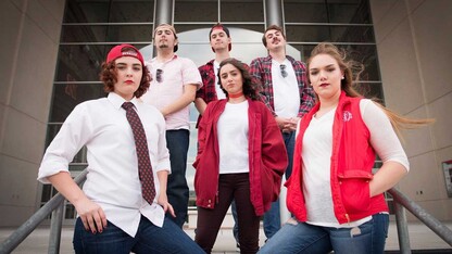 Students featured in “Nebraska: Nice” include (from left) Emilee Munoz, Ricardo Gajardo, Max McCutcheon, Hilda Rey, Luke Morken and Riley Ford. The production continues through Oct. 29.