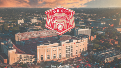 Volleyball Day in Nebraska graphic with Memorial Stadium in the background