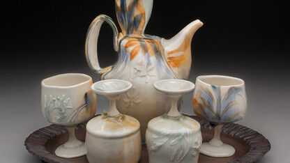 Taylor Sijan, “Wine Set,” porcelain, stoneware, epoxy, 10” x 7” x 5.5” (ewer), 4.5” x 3” x 3” (cups), 1” x 15” x 12” (tray), 2020.
