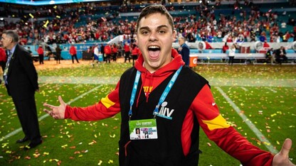 Ben Buchnat celebrates on the field after the Kansas City Chiefs won Super Bowl LIV. A 2019 journalism and mass communications graduate, Buchnat spent the NFL season working as a seasonal producer with the Chiefs.