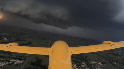 A drone used by the TORUS team maneuvers toward a supercell thunderstorm during the 2018 storm season.