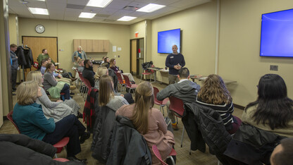 Faculty and staff listen to a presentation about recreation options available in Lincoln during the Campus Community Connection program in February. The new program is designed to help faculty and staff make connections with colleagues on campus and community programs.
