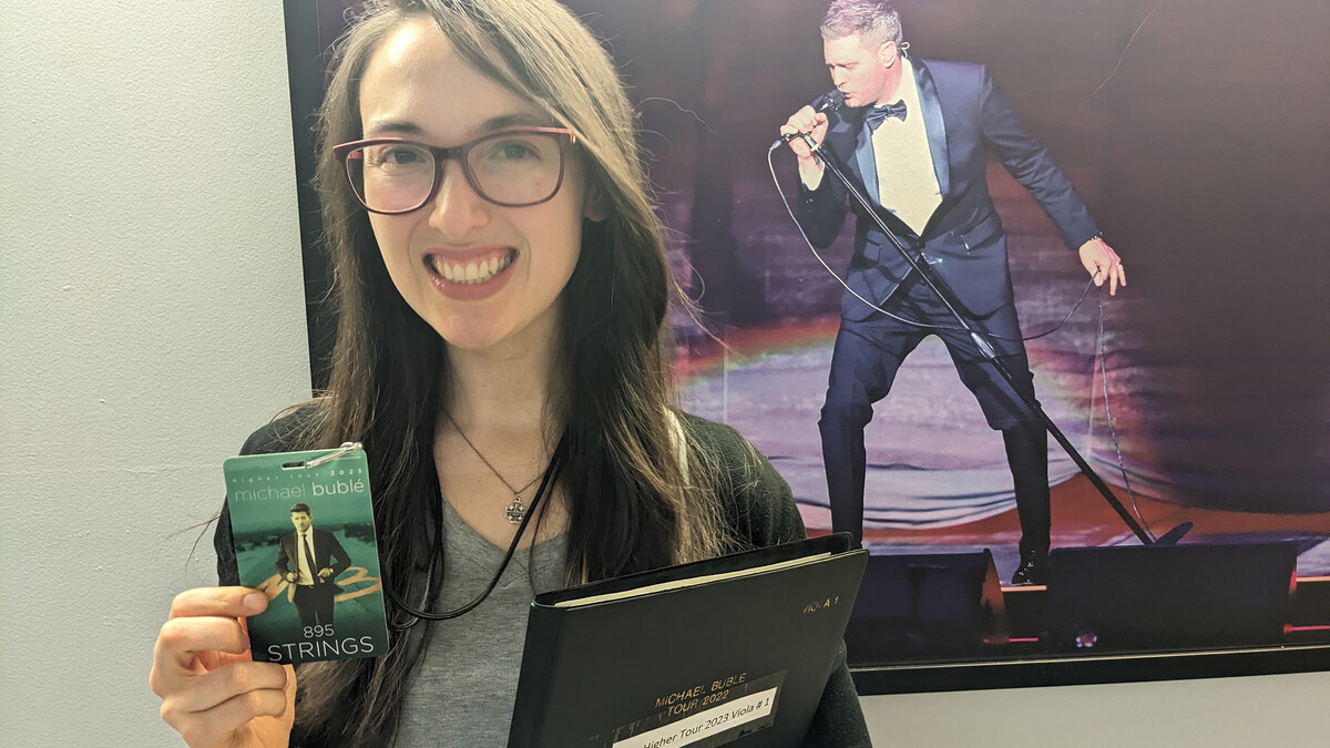 Andrea Alvarado Troncoso backstage at the Michael Bublé concert in Mexico City in October. Troncoso was principal violist of the strings section at his three Mexico City concerts. Courtesy photo.