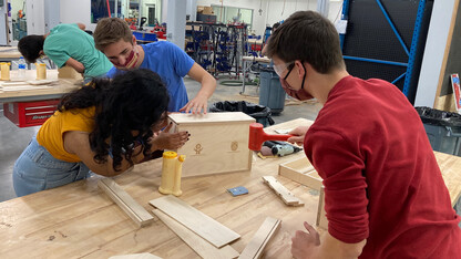Students assemble toolboxes in Nebraska Innovation Studio Oct. 17. The boxes will be given to the Whiteclay Makerspace.