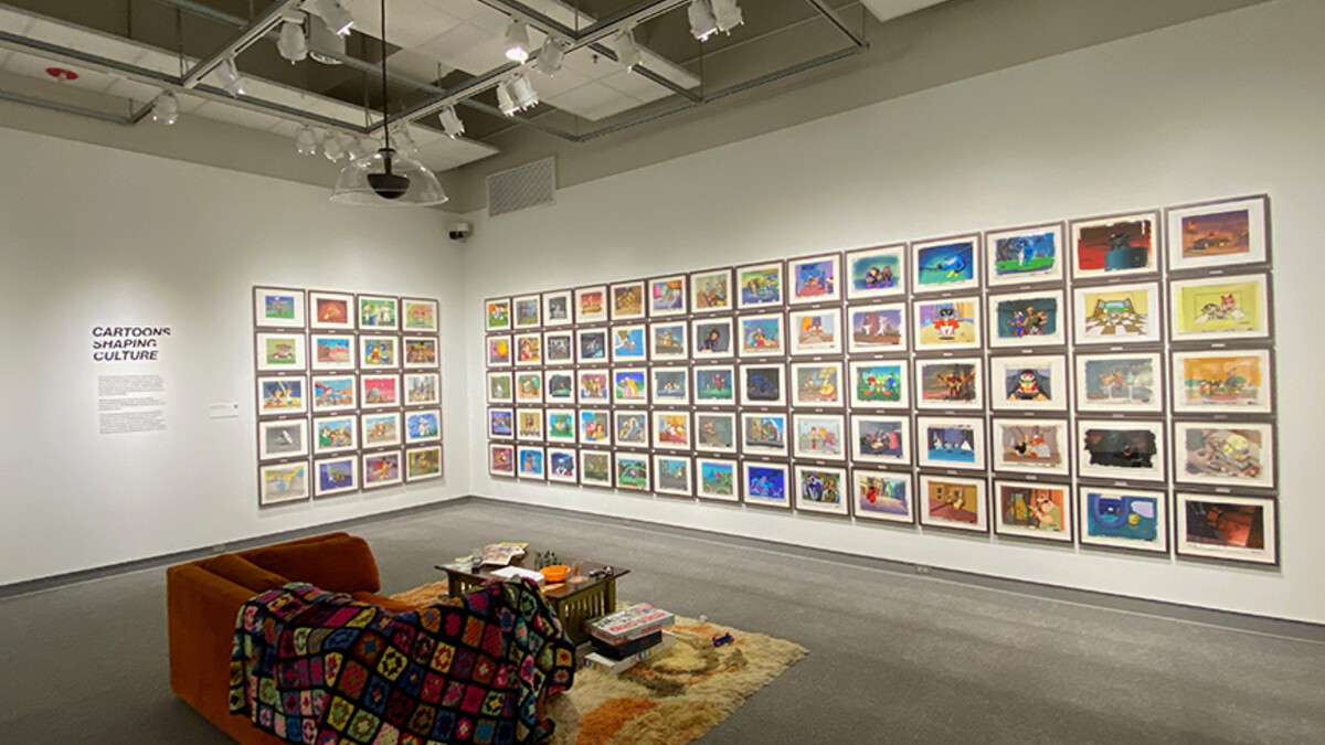 One highlight of the "Building a Narrative: Production Art and Pop Culture" exhibition is the animation cel collection, arranged in a grid and representing 90 different television shows. 