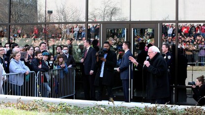 Students gather outside the Lied Center for Performing Arts on March 4 to see Democratic presidential candidate Bernie Sanders. An Oct. 24 gathering at the Nebraska Union will focus on what college students think the future of democracy looks like.