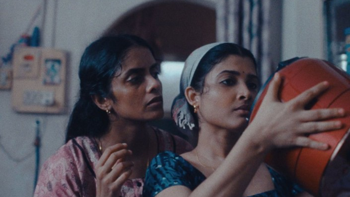 Two women on screen in "All We Imagine as Light," a film showing at the Ross theater.