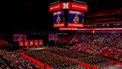 The university will hold August 2021 commencement exercises in Pinnacle Bank Arena, shown here during the graduate ceremony on May 7. The event will include summer 2021 graduates and 2020 alumni who, due to COVID-19 restrictions, were unable to participate in an in-person commencement.