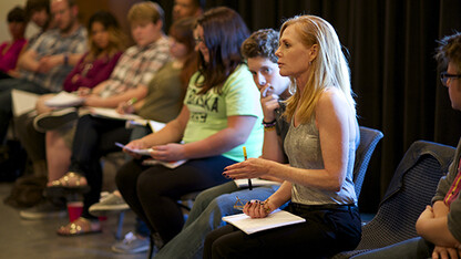 Marg Helgenberger (right) works with students in Laura Lippman's intermediate acting class on Sept. 19.