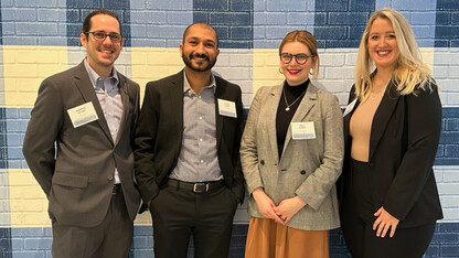  Andrew Payne of Inver Grove Heights, Minnesota; Vyom Joshi of Hillsboro, Oregon; Kelli O’Neil of Omaha, Nebraska; and Tiffany Huffmann of Fort Myers, Florida; worked together to present actionable business solutions for Bath & Body Works while competing as finalists in the Big Ten MBA Case Competition at The Ohio University in March. Joshi (second from left) captured the title of best presenter overall.