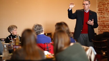 Chancellor Ronnie Green talks with a public gathering in Fremont on Jan. 23.