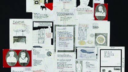 Deb Sokolow, “Whatever happened to the Pentagon (restaurant)?”, graphite, ink, correction fluid, acrylic, collage, type on paper, pins, 5 ft. x 5 ft., 2007.