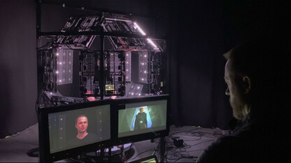 Trent Claus (right) on set with "The Egg," Lola VFX’s proprietary lighting rig, shooting picture double Max Lloyd-Jones to help recreate actor Mark Hamill as a young Luke Skywalker on "The Mandalorian." Photo courtesy of Disney+.