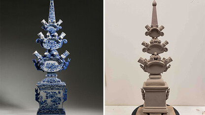 Left: The original object from the Amsterdam Museum:  Tulip Vase, 1675-1699, delft, pottery, located at the Amsterdam Museum, Netherland, purchased in 1966; Right: The recreated tulip vase by Amythest Warrington, in progress.