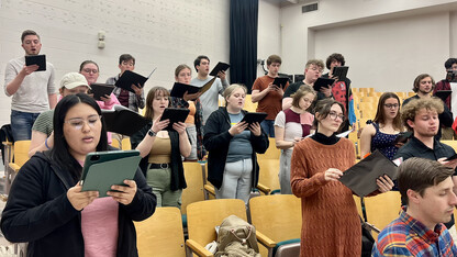 University Singers rehearse “Carmina Burana” in Westbrook Music Building. The performance is April 30 at 7:30 p.m. at First Plymouth Congregational Church. Courtesy photo. 