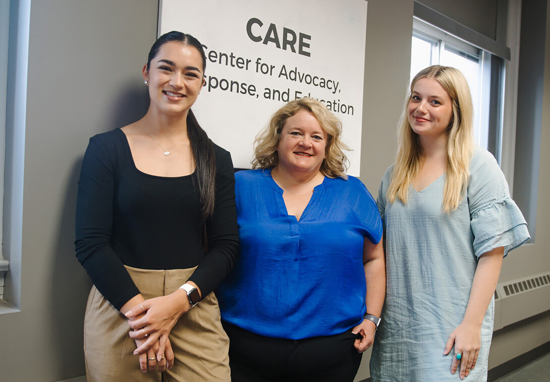 CARE staff (from left) Jenessa Jarvis, survivor support advocate; Melissa Wilkerson, director and survivor support advocate; and Abbey Ragain, prevention program coordinator, are photographed in the CARE office in Pound Hall.