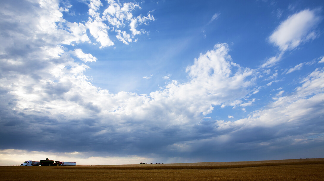 A crew from Altendorf Harvesting works its way through a wheat field west of Grant, Neb. A new report issued by UNL shows that Nebraska must be proactive in developing a climate action plan.