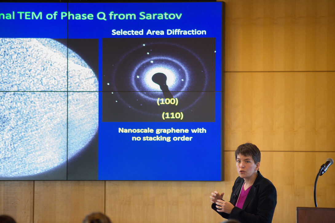 Rhonda Stroud of the Naval Research Laboratory in Washington, D.C., addresses UNL’s fifth annual Conference for Undergraduate Women in Physical Sciences on Oct. 24.