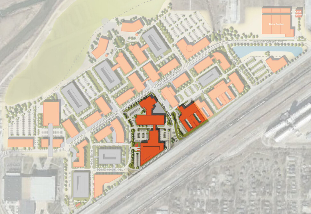 The most current master plan for Nebraska Innovation Campus. The highlighted portion outlines the first phase of the project.